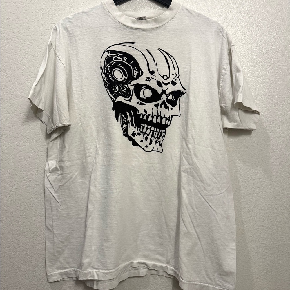 80s Vintage White Skull Cyberpunk Grunge Art Skate Tshirt Mens XL 23x28